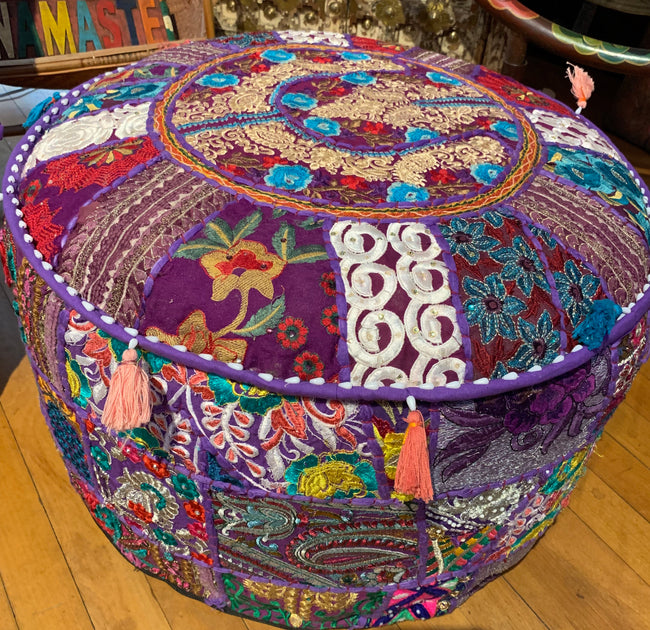 Hand-Embroidered Patchwork Ottoman Footstool - Purple Patches