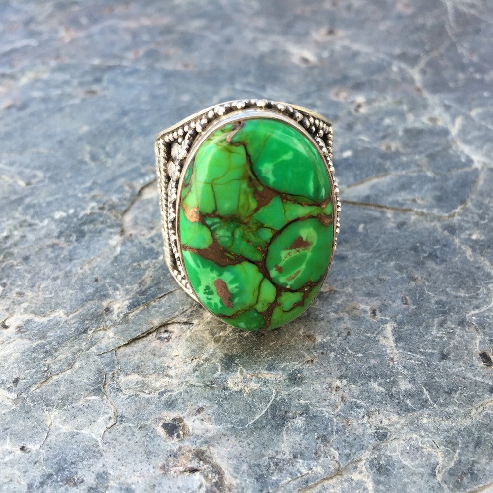 Green Turquoise - Boho Statement Ring - Floating Lotus