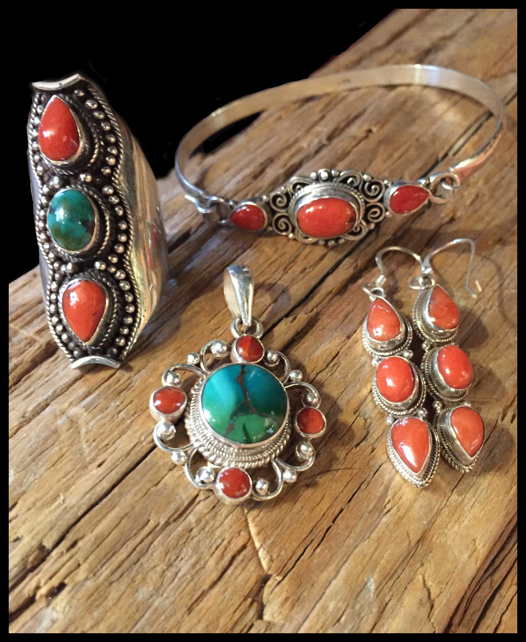 Tibetan Inspiration - Turquoise and Red Coral Jewelry - Floating Lotus