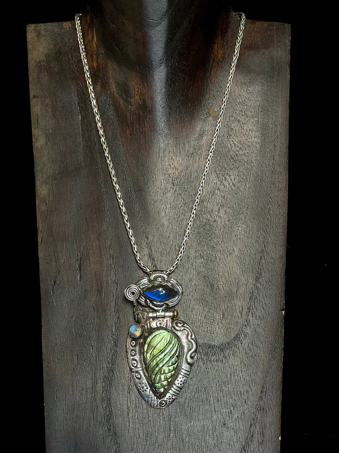 Carved Labradorite Pendant with Moonstone & Clear Quartz