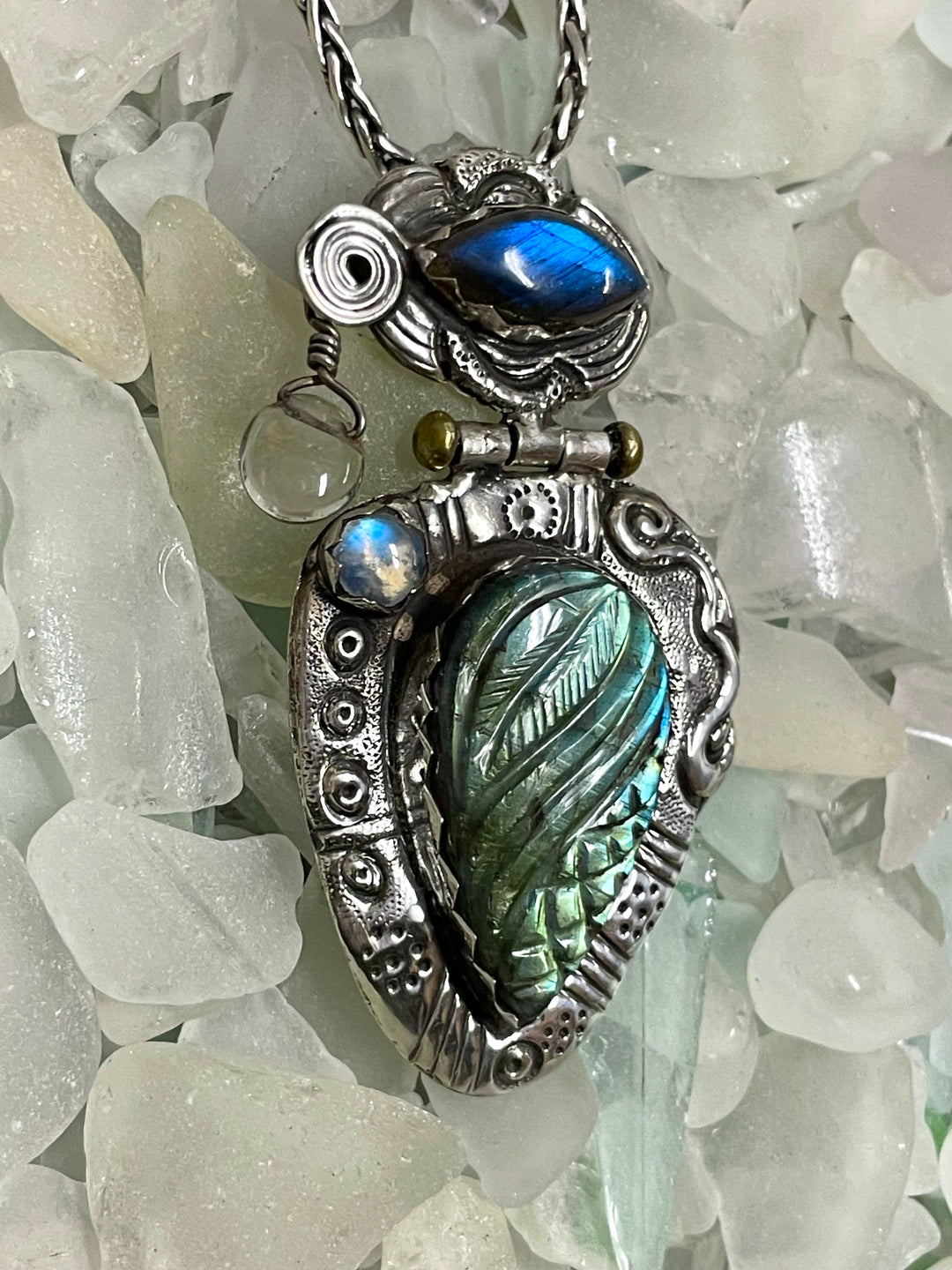 Carved Labradorite Pendant with Moonstone & Clear Quartz