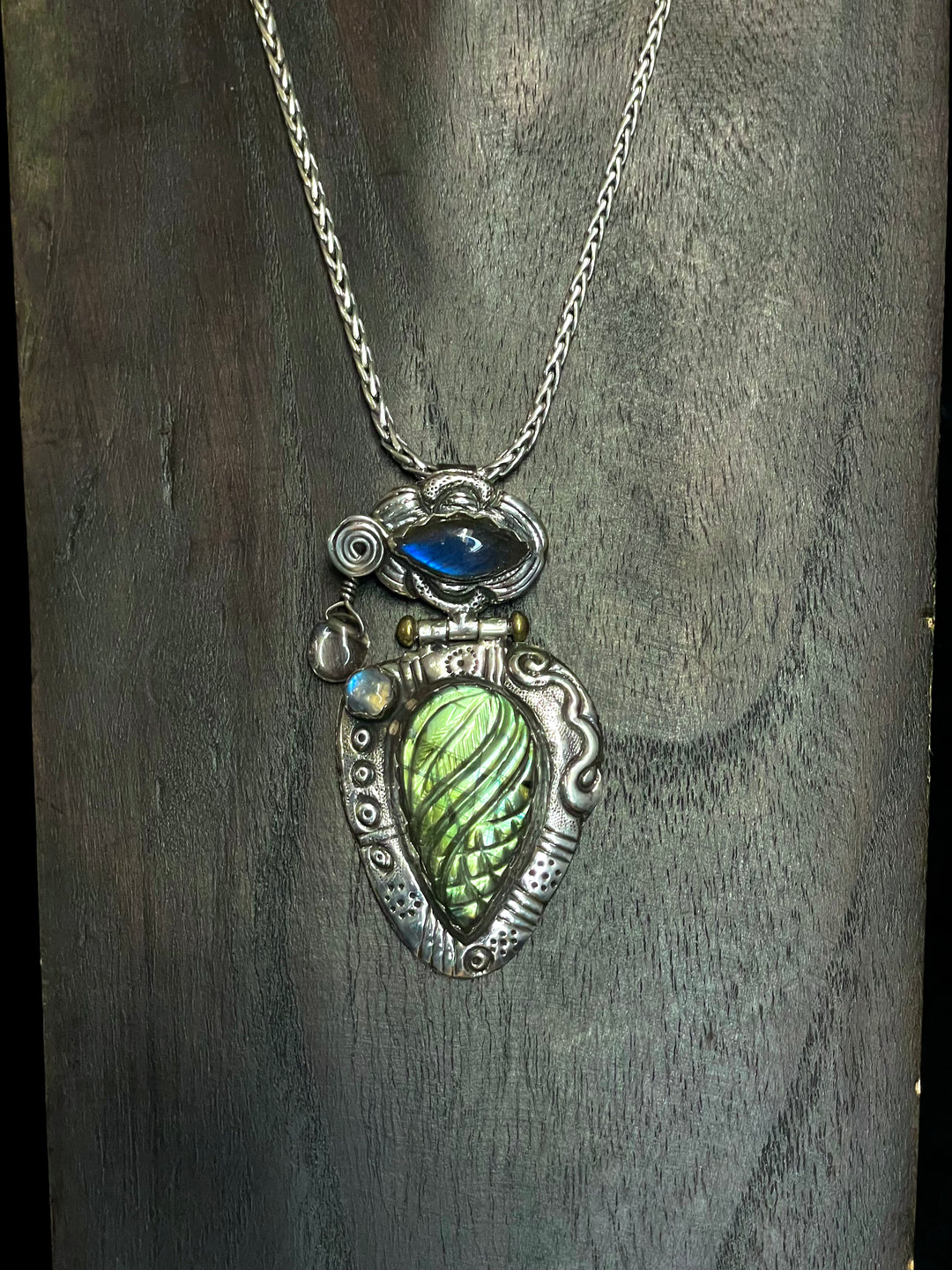 Carved Labradorite Pendant with Moonstone & Clear Quartz