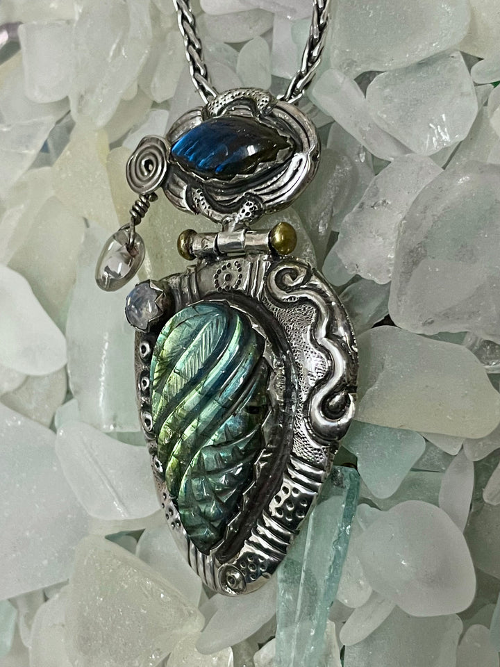 Carved Labradorite Pendant with Moonstone & Clear Quartz