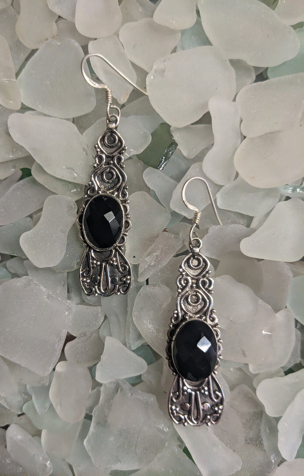 Beautiful Onyx and Sterling Silver Earrings - Floating Lotus