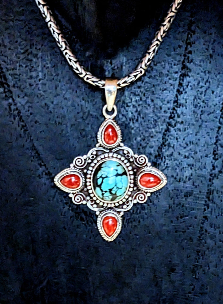 Beautiful Turquoise and Coral Pendant - Floating Lotus