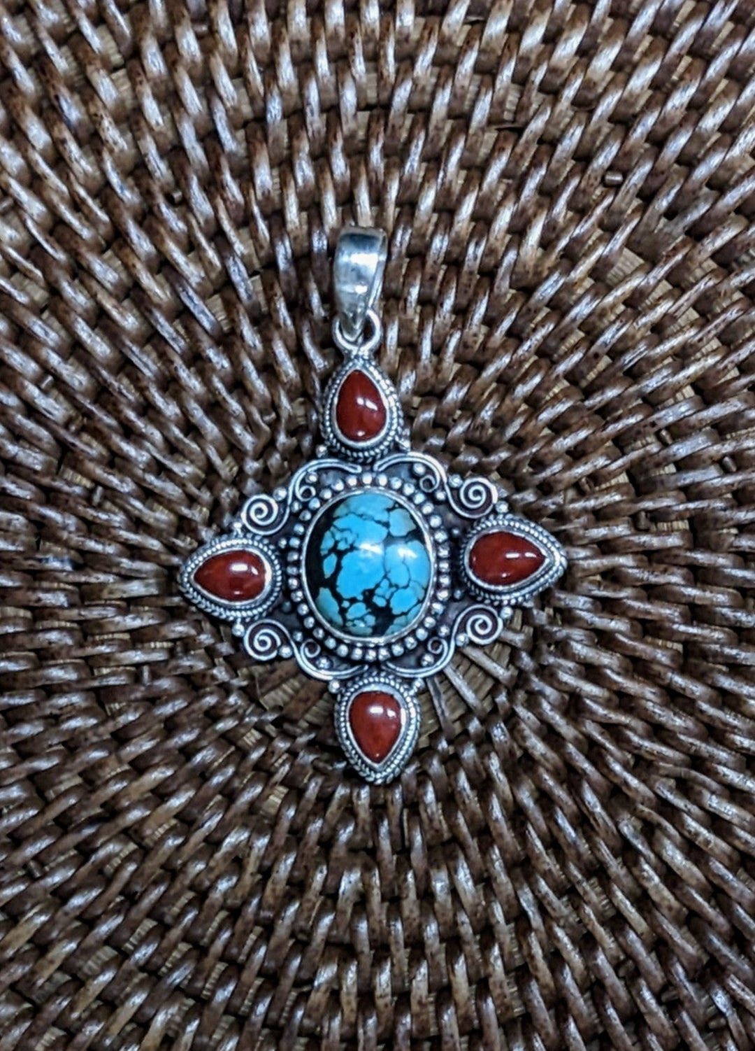 Beautiful Turquoise and Coral Pendant - Floating Lotus