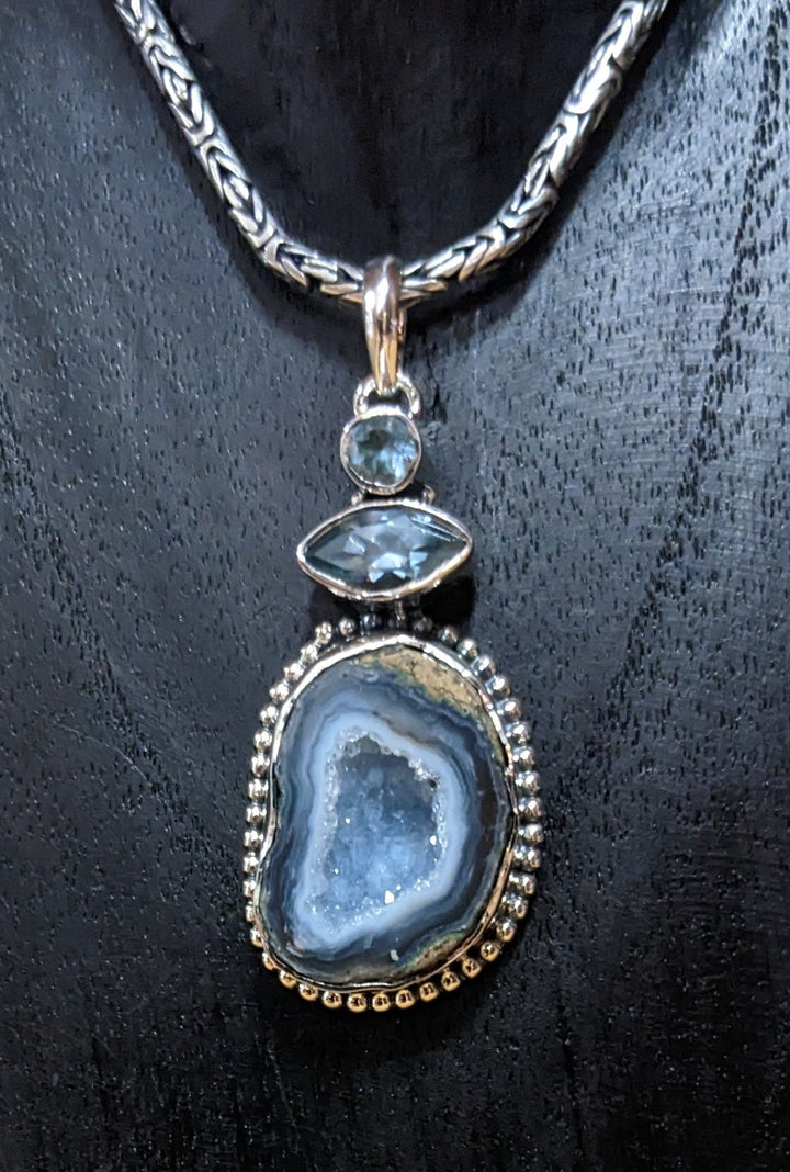 Beautifully Crafted Druzy and Blue Topaz Pendant - Floating Lotus