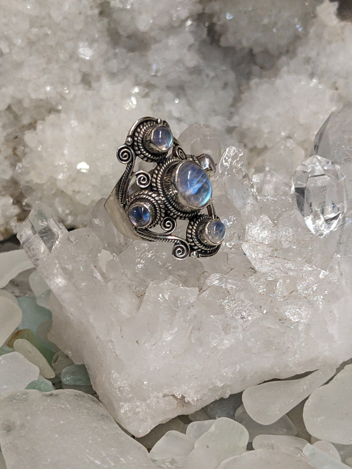 Beautifully Detailed Moonstone Ring - Floating Lotus