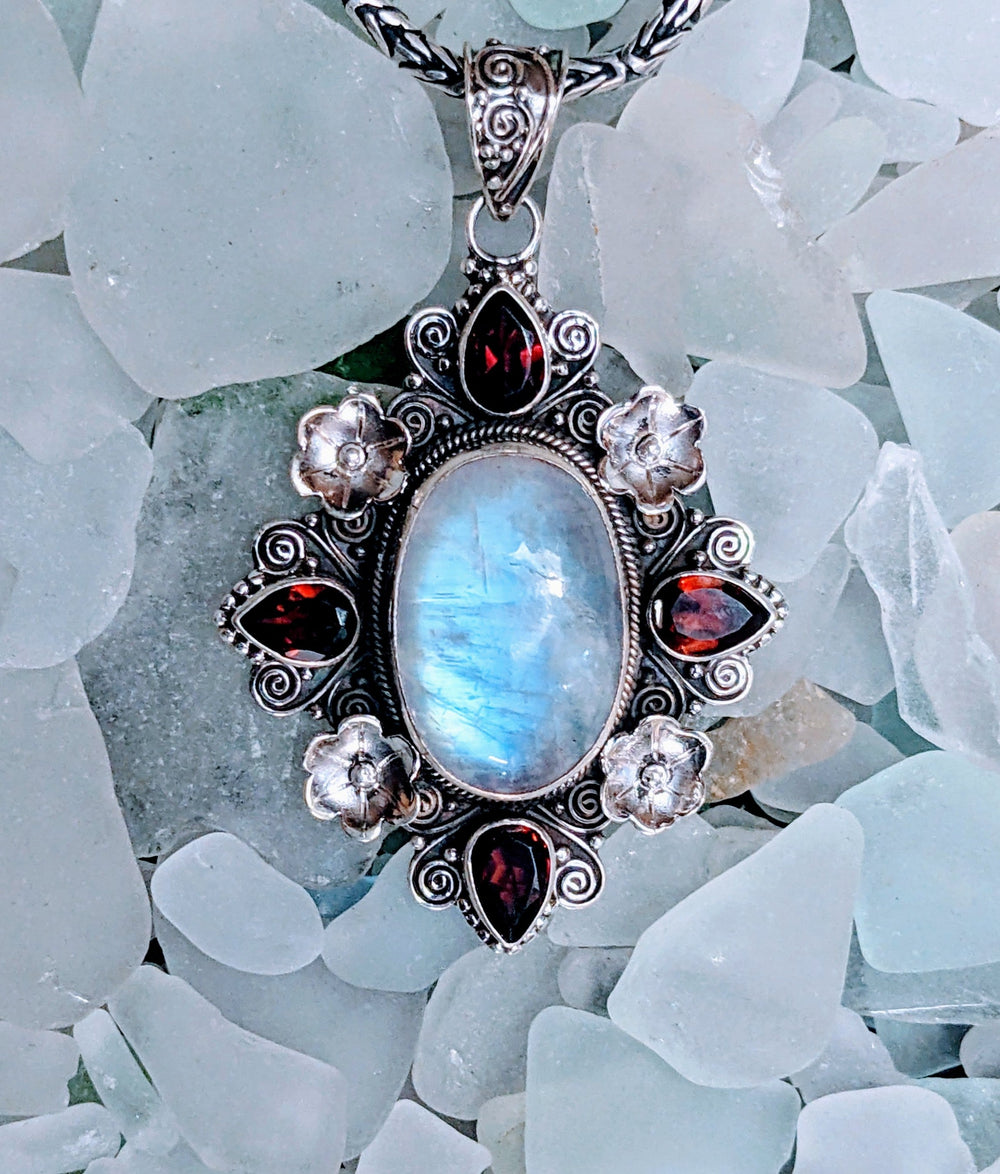 Brilliant Moonstone and Garnet Pendant - Floating Lotus