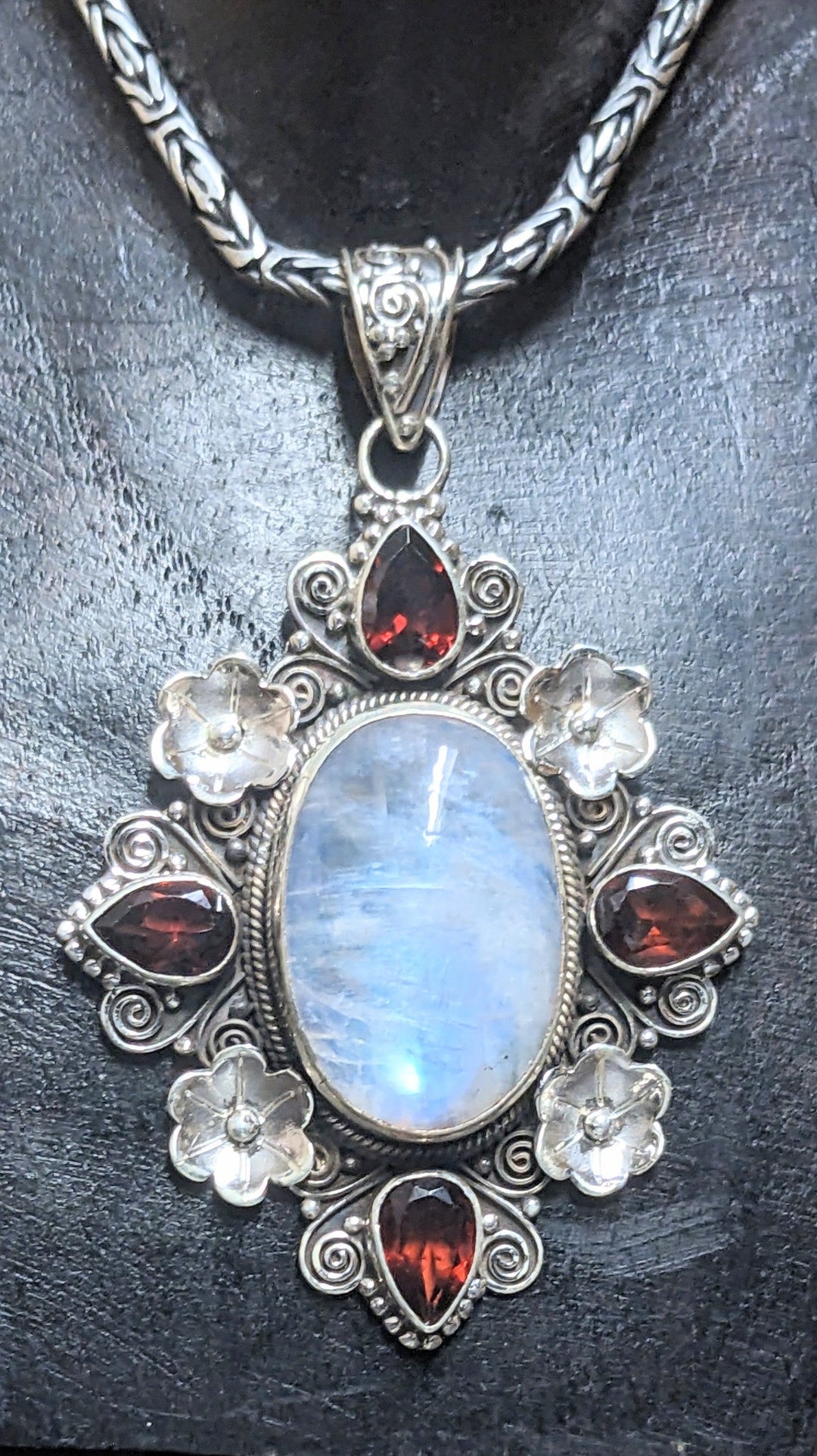 Brilliant Moonstone and Garnet Pendant - Floating Lotus