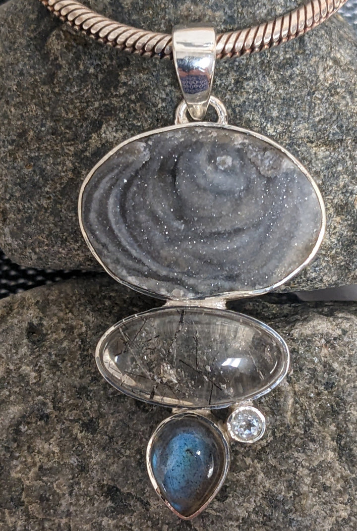 Calming and Captivating Multi - stoned Druzy Pendant - Floating Lotus