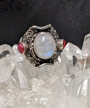 Captivating Moonstone and Ruby Ring - Floating Lotus