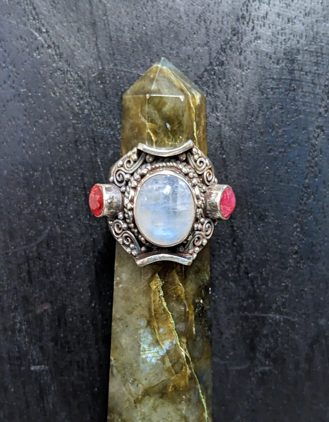 Captivating Moonstone and Ruby Ring - Floating Lotus