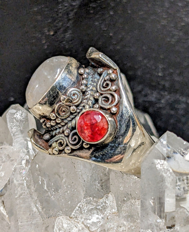 Captivating Moonstone and Ruby Ring - Floating Lotus
