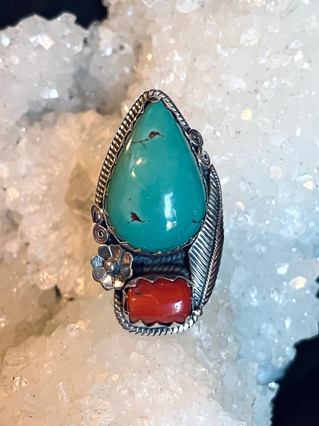 Earth and Sky Turquoise & Coral Ring - Floating Lotus