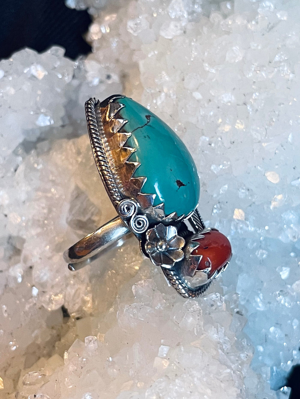 Earth and Sky Turquoise & Coral Ring - Floating Lotus