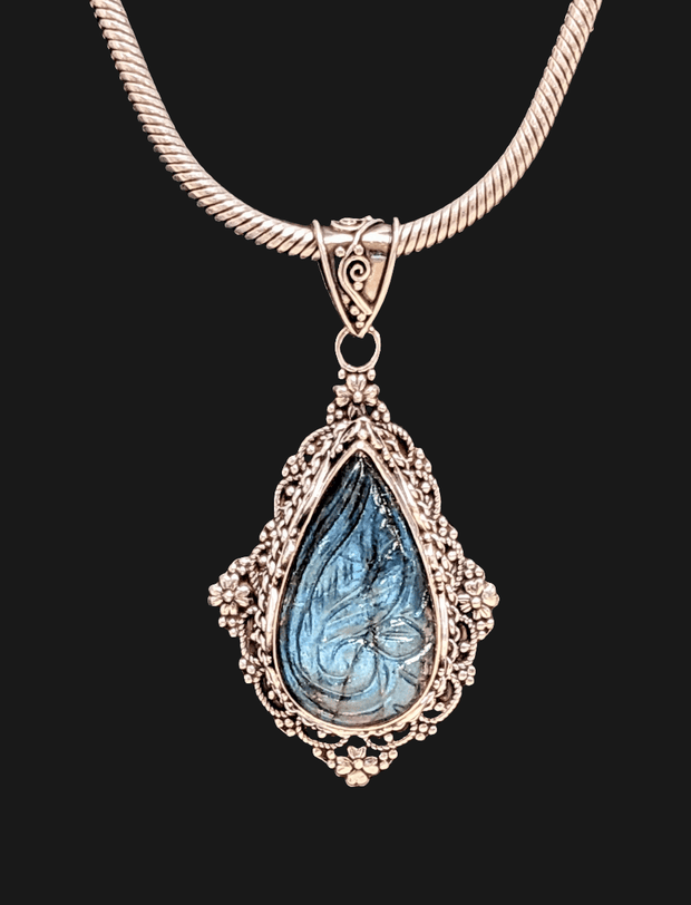 Enchanting Labradorite and Carved Sterling Silver Pendant - Floating Lotus