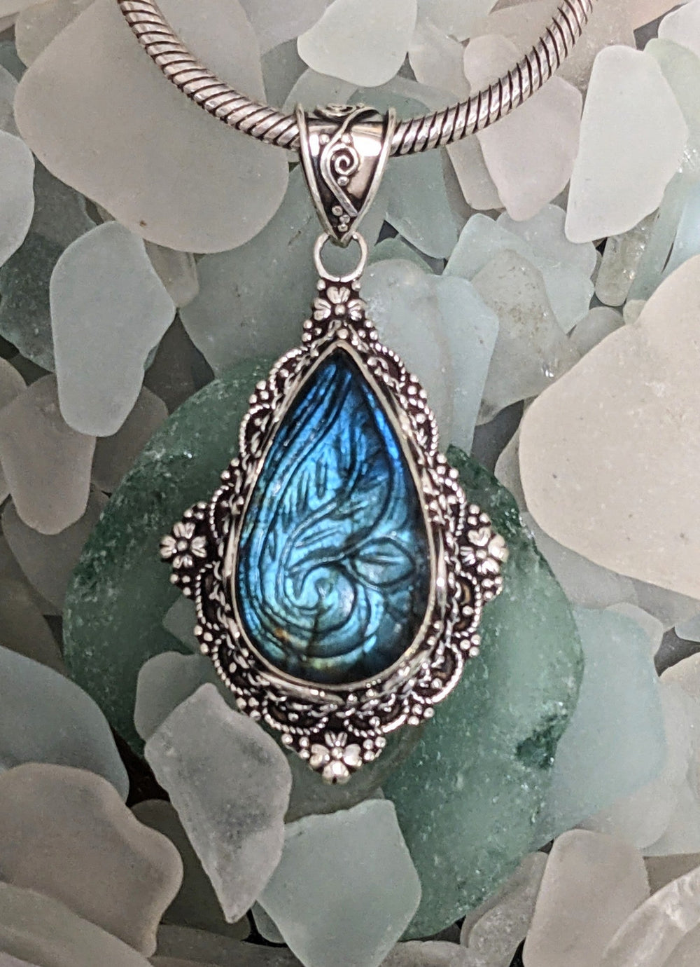 Enchanting Labradorite and Carved Sterling Silver Pendant - Floating Lotus