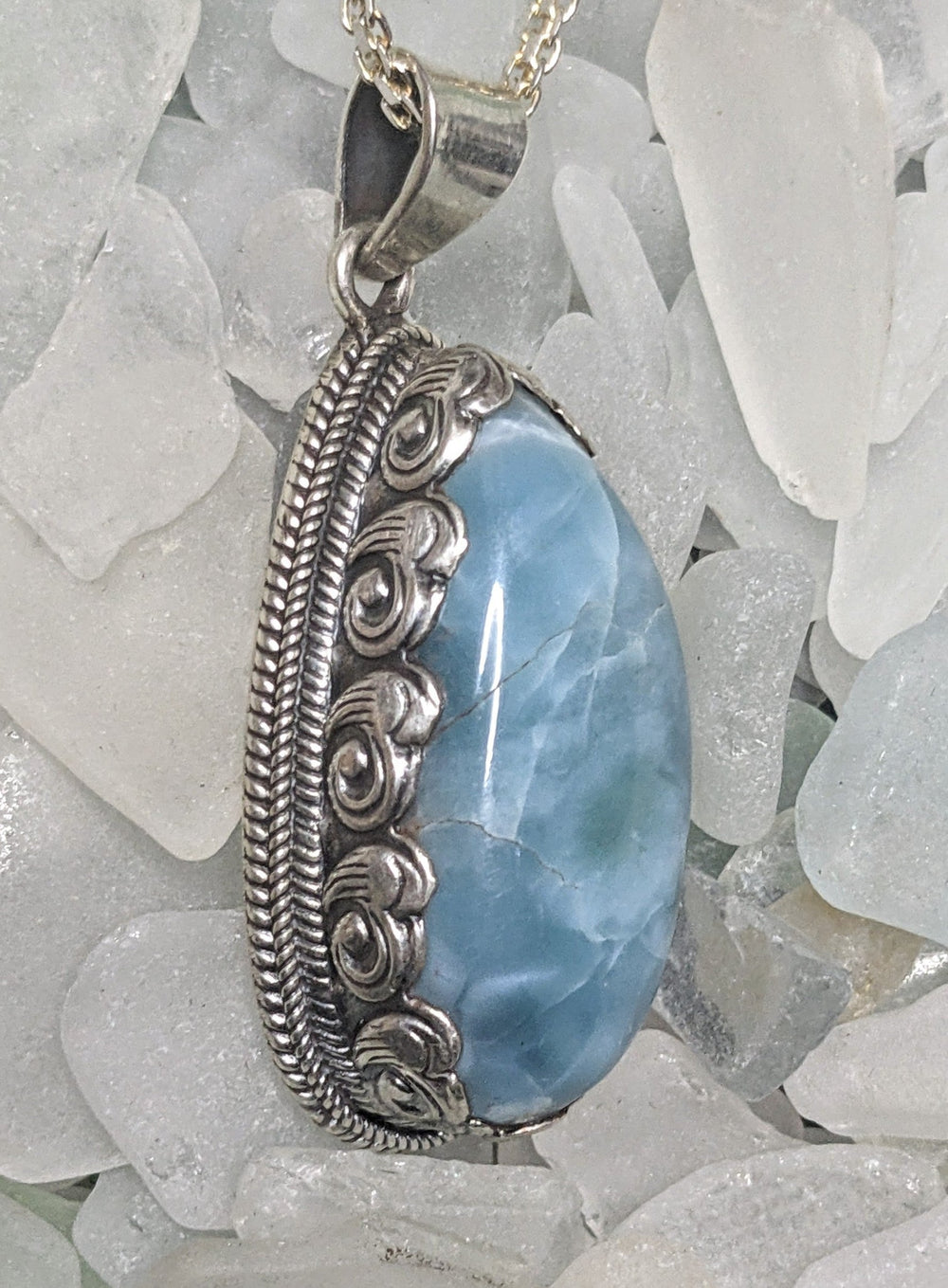 Ethereal Larimar Water Drop Pendant - Floating Lotus