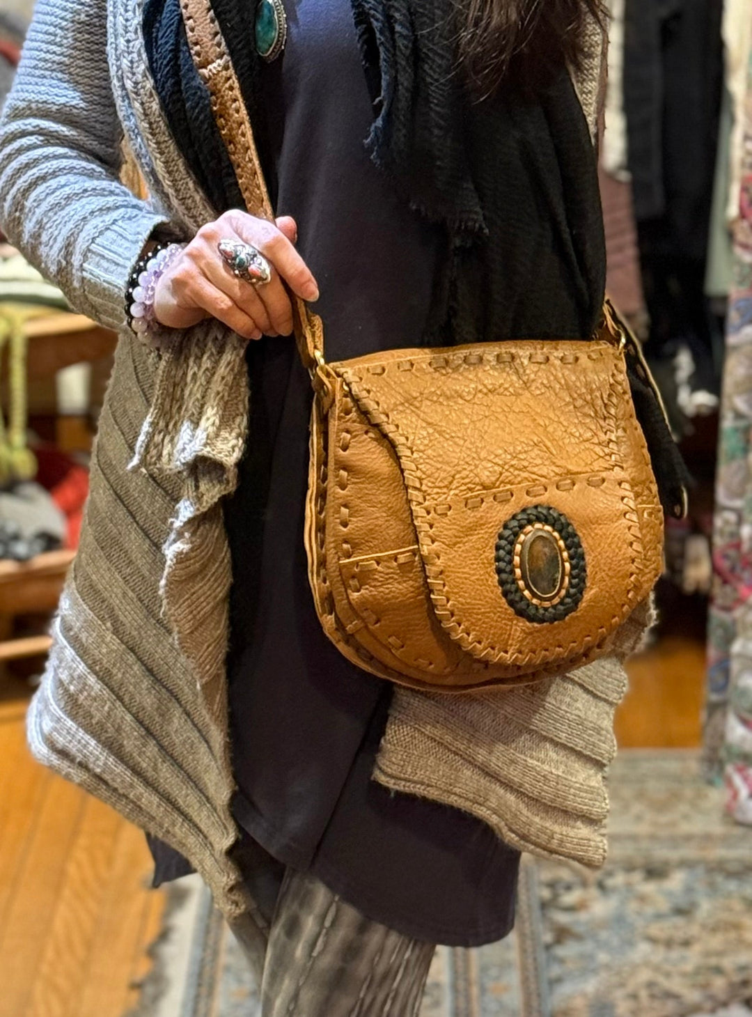 Hand Stitched Leather Handbag with Jasper Stone - Floating Lotus