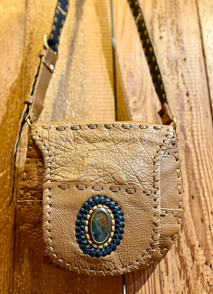 Hand Stitched Leather Handbag with Jasper Stone - Floating Lotus