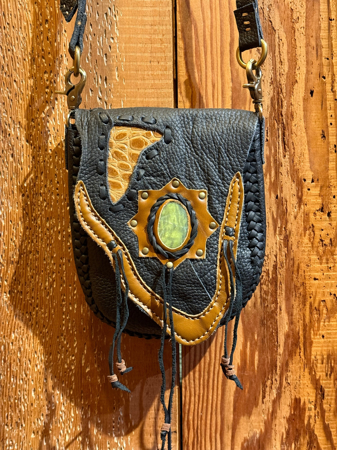 Hand Stitched Leather Handbag with Serpentine Stone - Floating Lotus