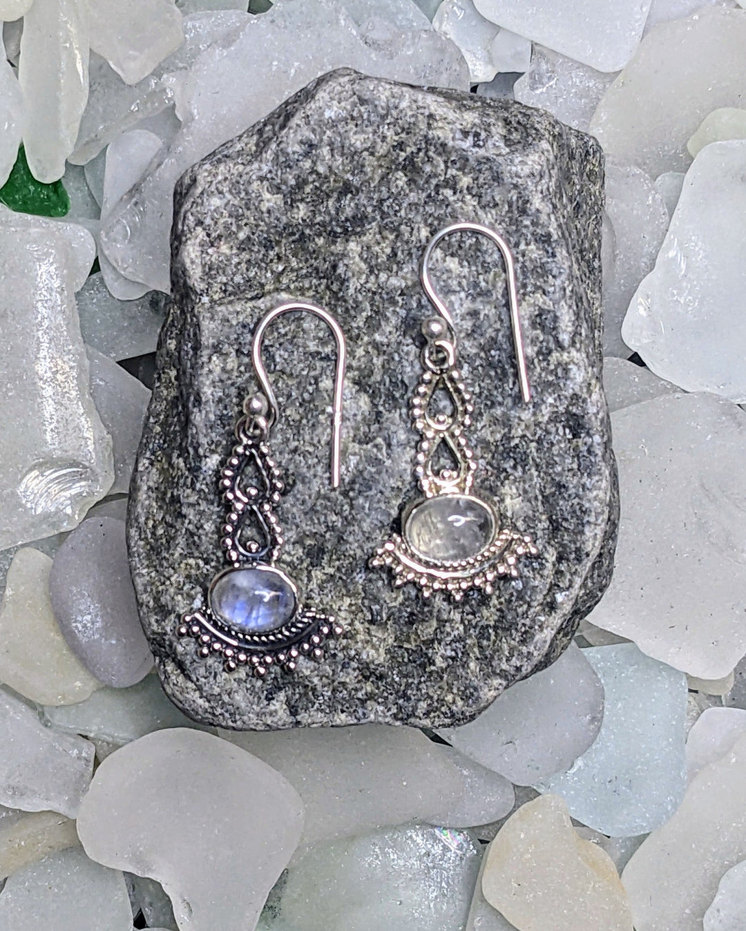 Intricately Detailed Moonstone Earrings - Floating Lotus