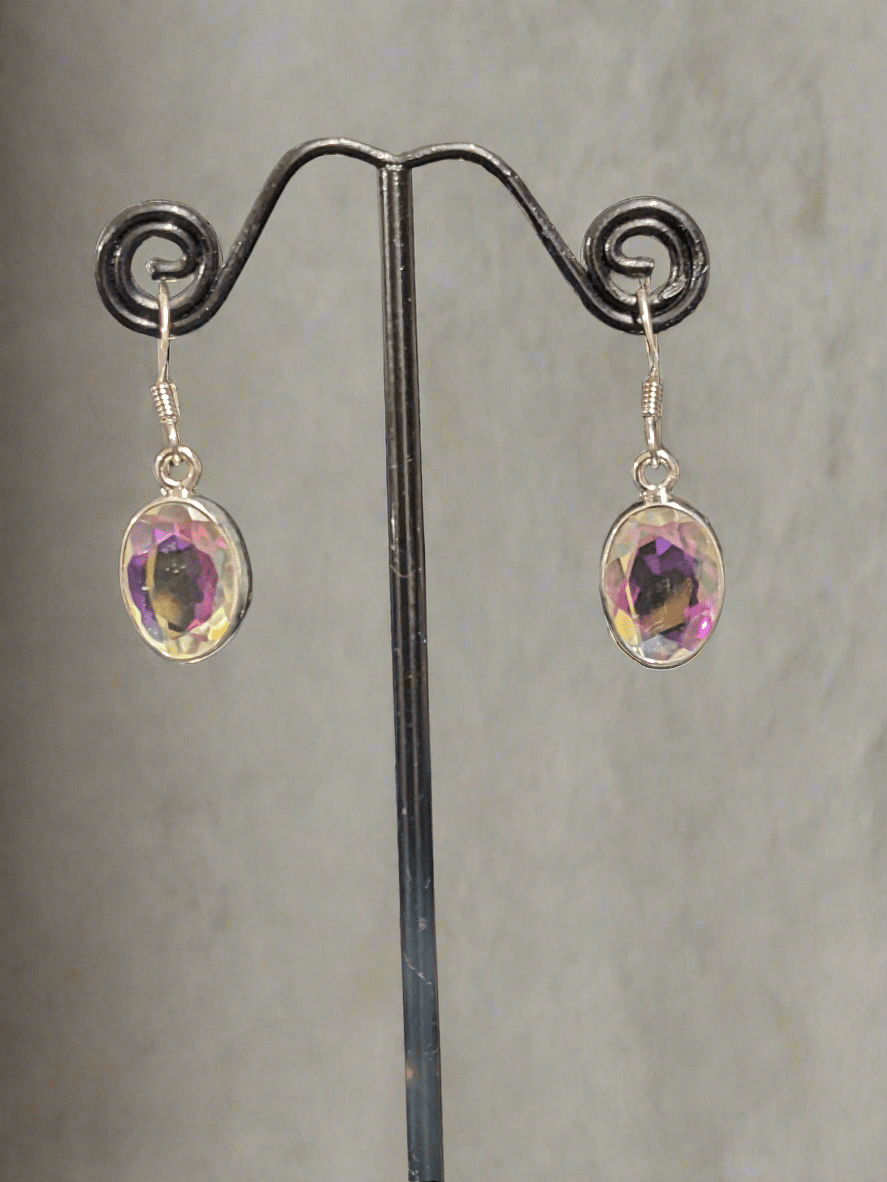 Iridescent White Rainbow Topaz Earrings - Floating Lotus