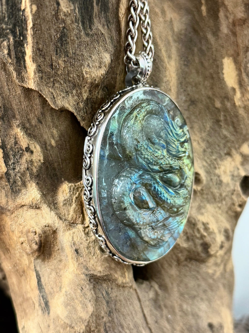 Labradorite Dragon Pendant - Floating Lotus