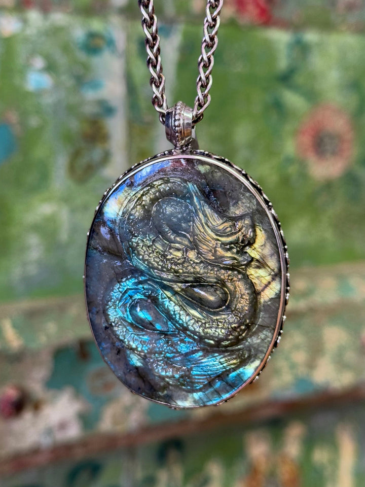 Labradorite Dragon Pendant - Floating Lotus