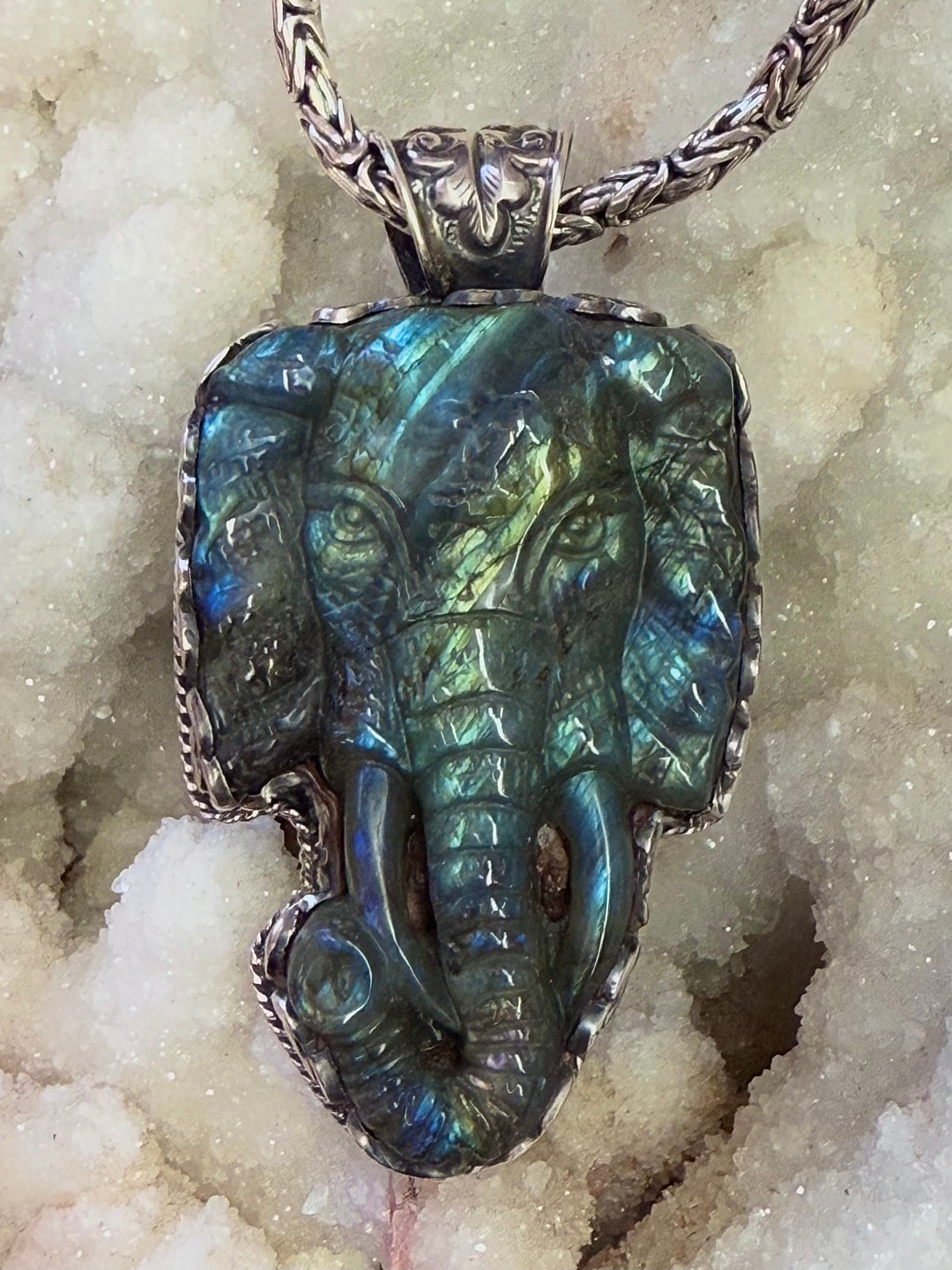 Labradorite Elephant Pendant - Floating Lotus