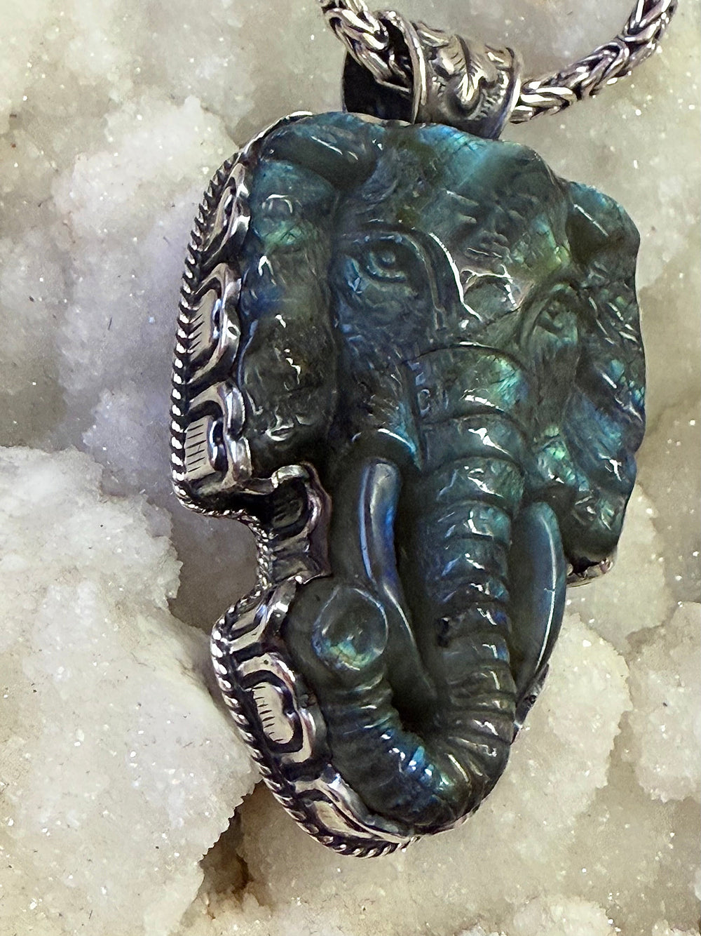 Labradorite Elephant Pendant - Floating Lotus