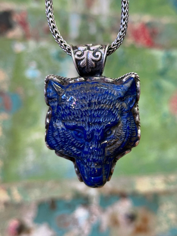 Lapis Wolf Pendant - Floating Lotus