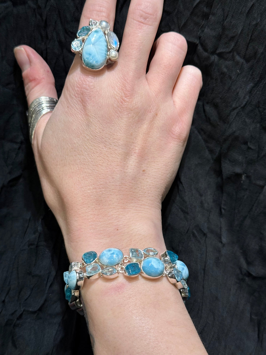 Larimar, Apatite and Aquamarine Bracelet - Floating Lotus