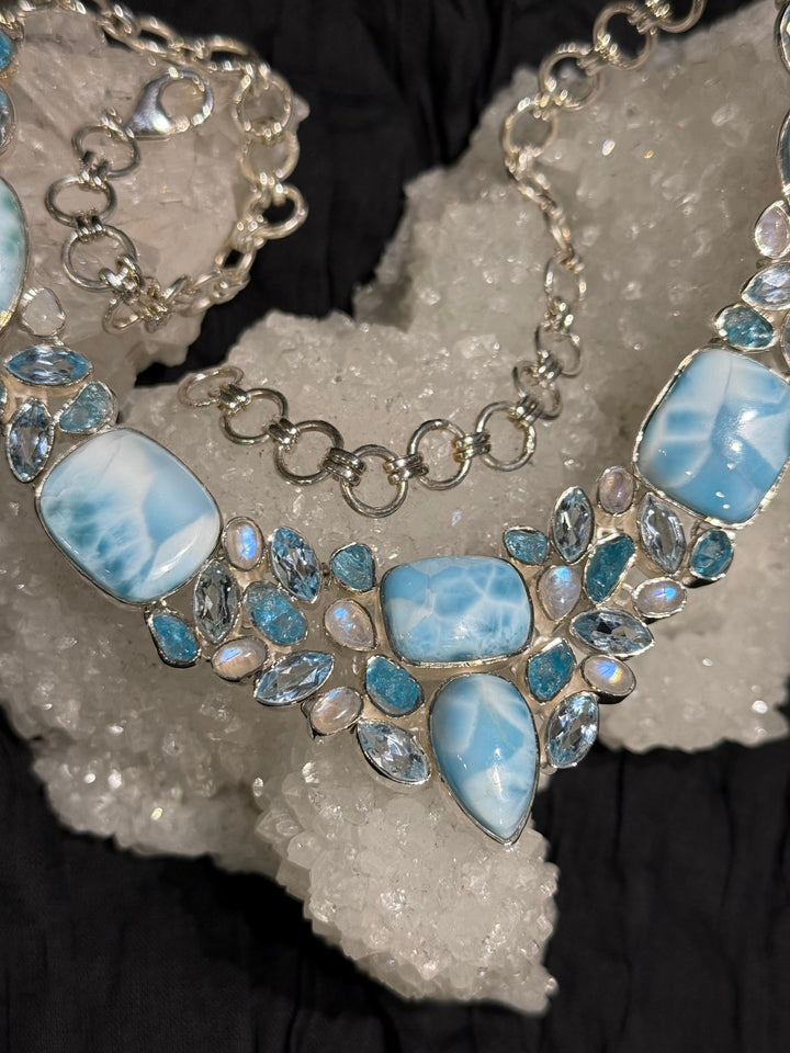 Larimar Apatite and Moonstone Necklace - Floating Lotus