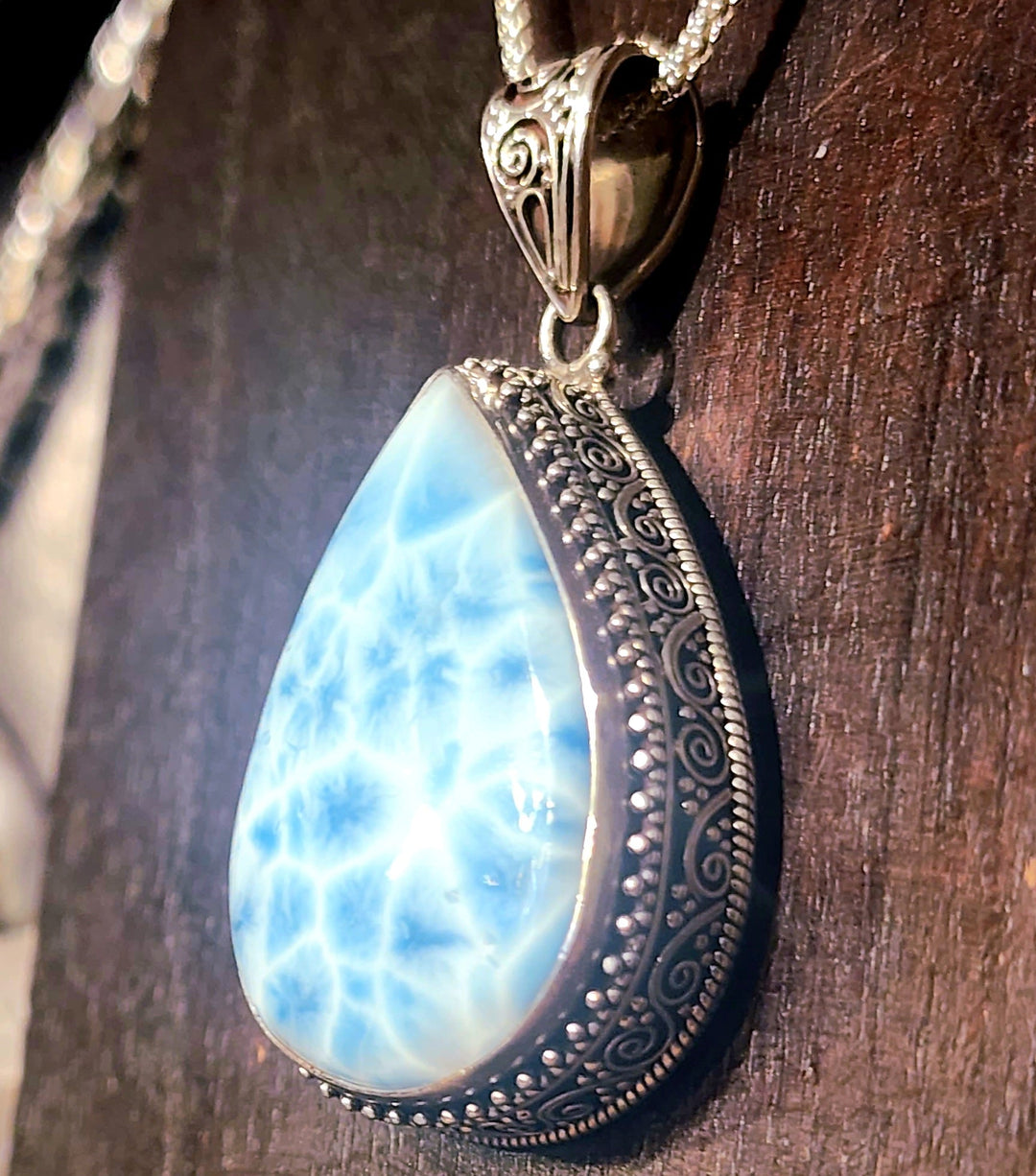 Larimar Silver Drop with Detailed Artwork - Floating Lotus