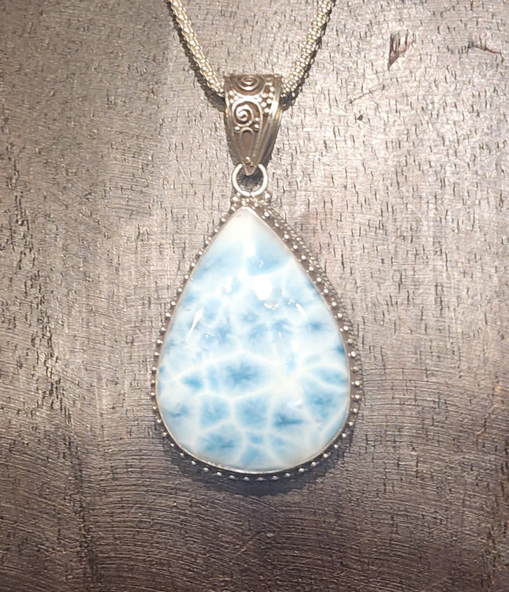 Larimar Silver Drop with Detailed Artwork - Floating Lotus