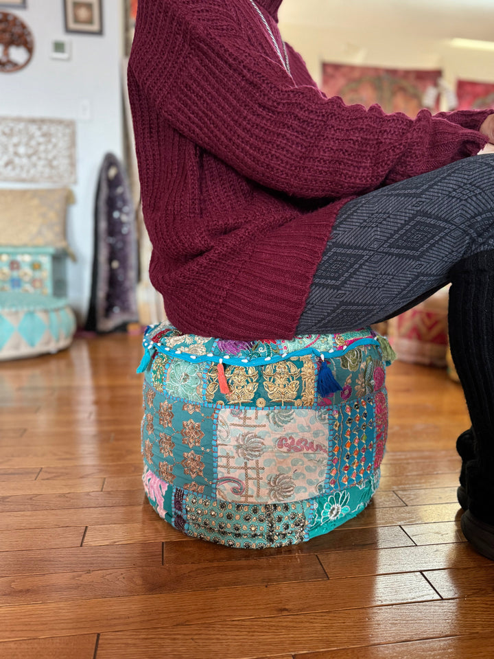 Patchwork Pouf Ottoman ~ Medium Size - Floating Lotus