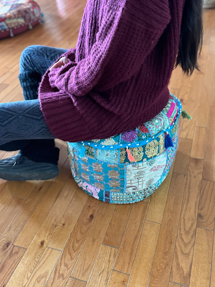 Patchwork Pouf Ottoman ~ Medium Size - Floating Lotus