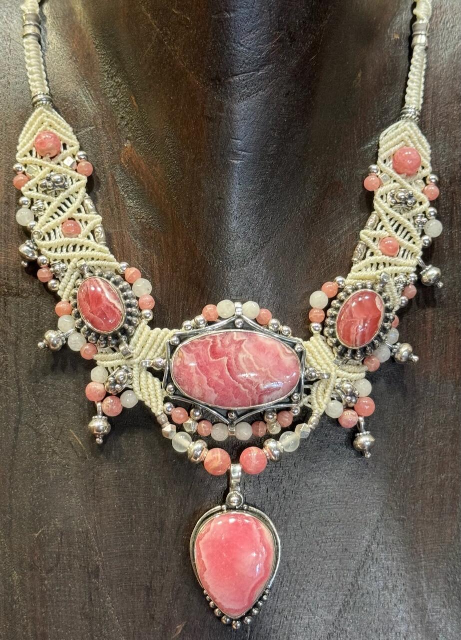 Rhodochrosite Macrame Necklace - Floating Lotus