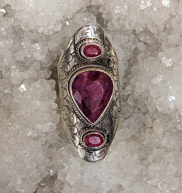 Ruby Ring with Detailed Scrollwork - Floating Lotus