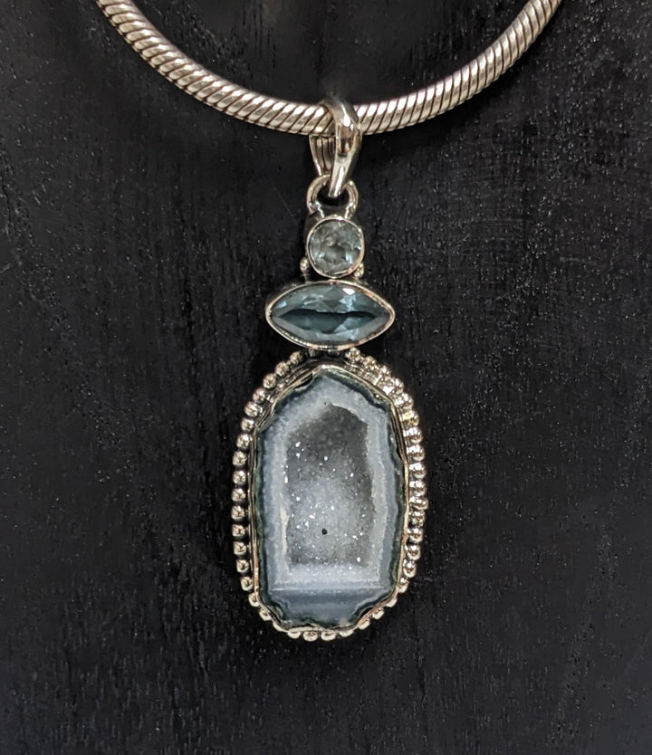 Sparkling and Serene Druzy and Aquamarine Pendant - Floating Lotus