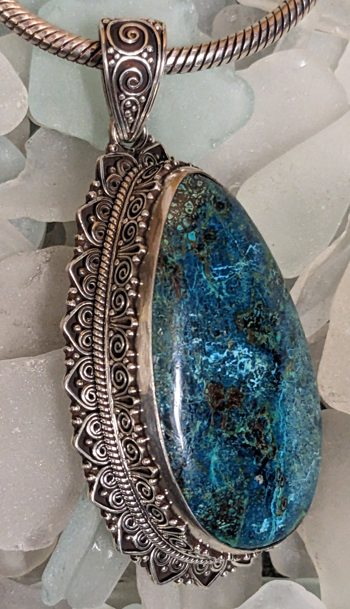 Stunning Chrysocolla Statement Pendant - Floating Lotus