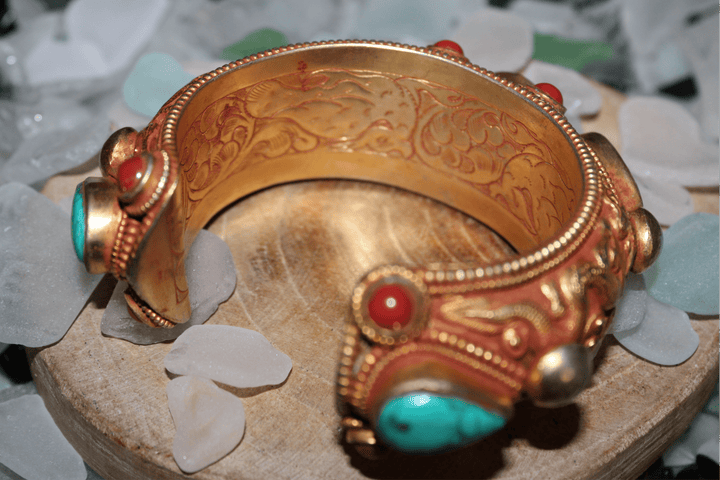 Turquoise and Coral Gold Bracelet - Floating Lotus