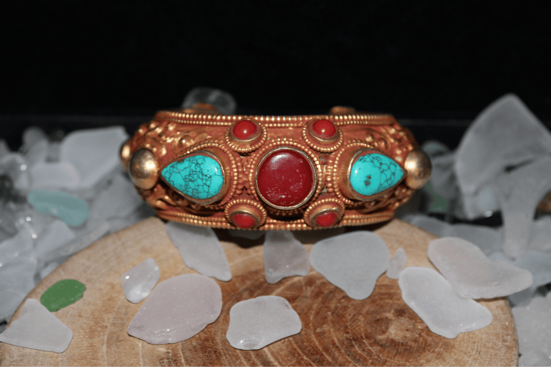 Turquoise and Coral Gold Bracelet - Floating Lotus