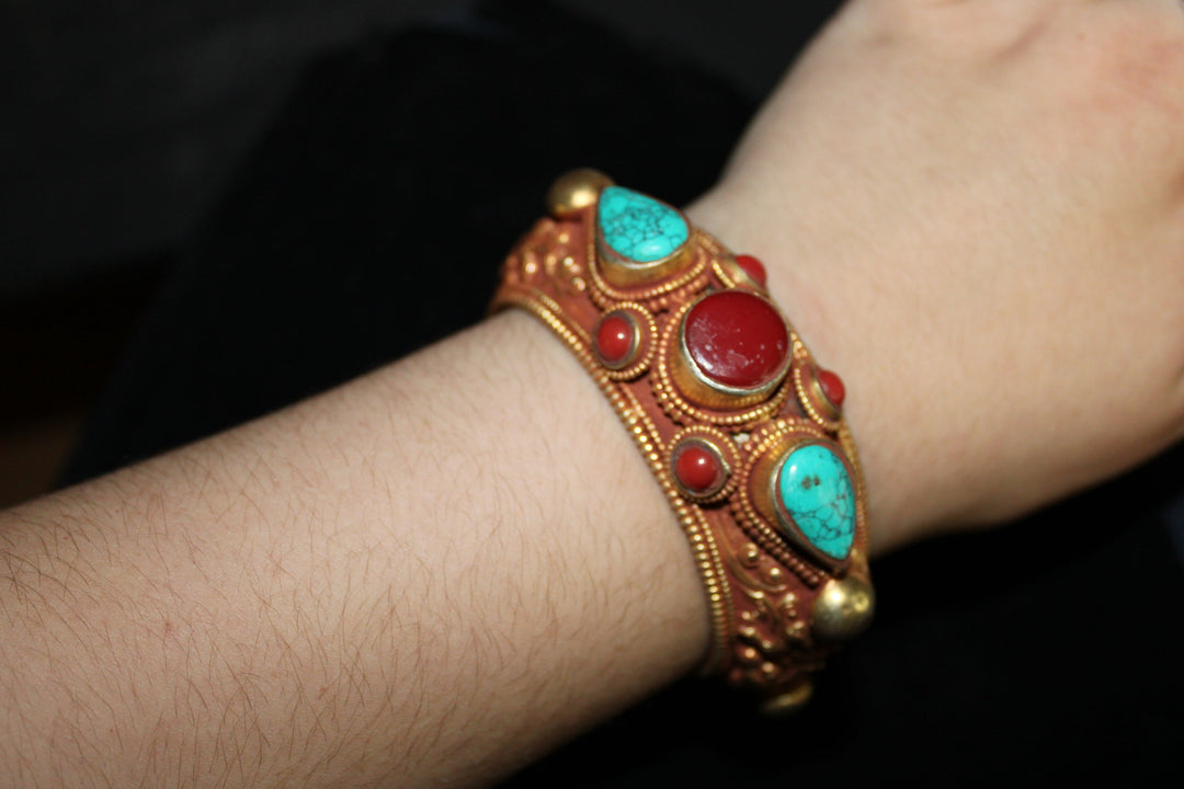 Turquoise and Coral Gold Bracelet - Floating Lotus