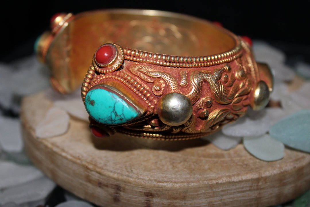 Turquoise and Coral Gold Bracelet - Floating Lotus