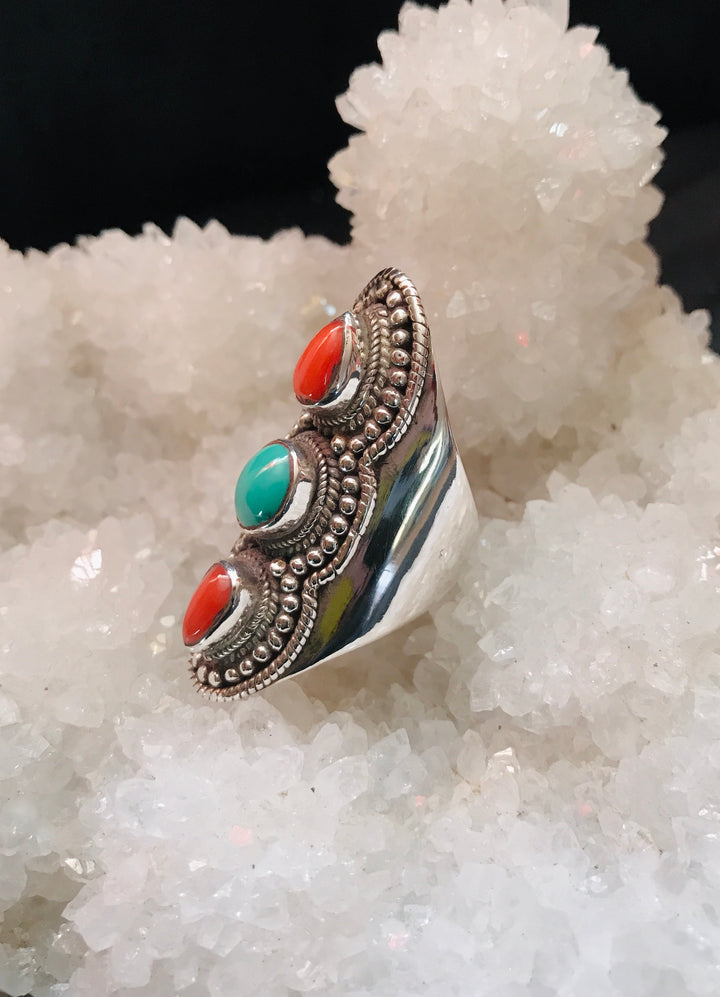 Triple Goddess Coral & Turquoise Ring