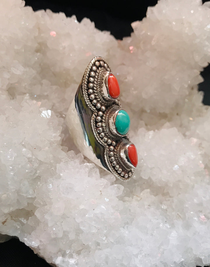 Triple Goddess Coral & Turquoise Ring