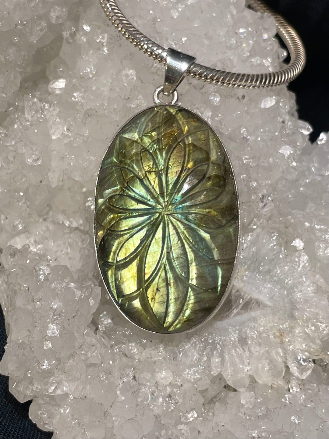 Flower of Life Hand Carved Labradorite Pendant - Floating Lotus